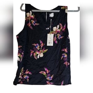 A New Day Ruched Black Sleeveless Tank Top with flora design